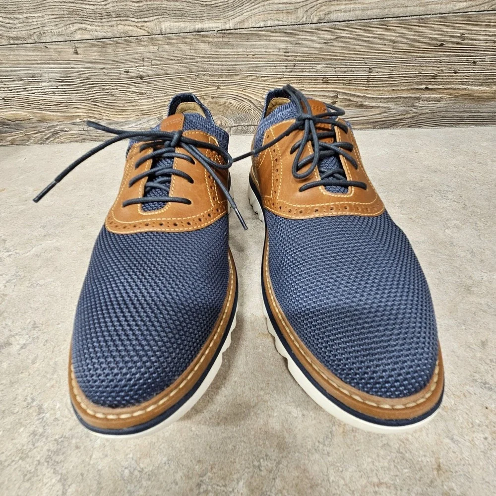 Johnston & Murphy Braydon Knit Saddle Shoe Navy Knit Tan Full Grain Mens 9.5 M
